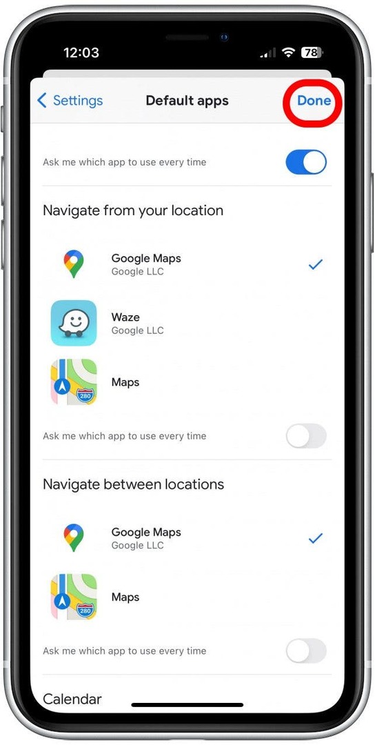 klepněte na Hotovo, jak nastavit Mapy Google jako výchozí na iPhone