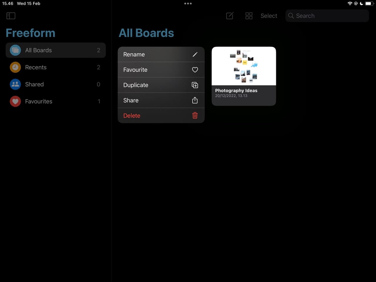 Képernyőkép, amely a Megosztás opciót mutatja Freeform iPaden