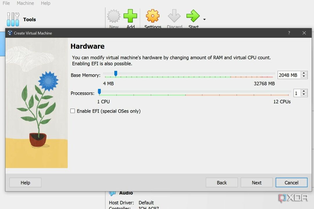 Snímka obrazovky VirtualBox zobrazujúca nastavenia pridelenia hardvéru, ktoré sa objavia pri vytváraní nového virtuálneho počítača