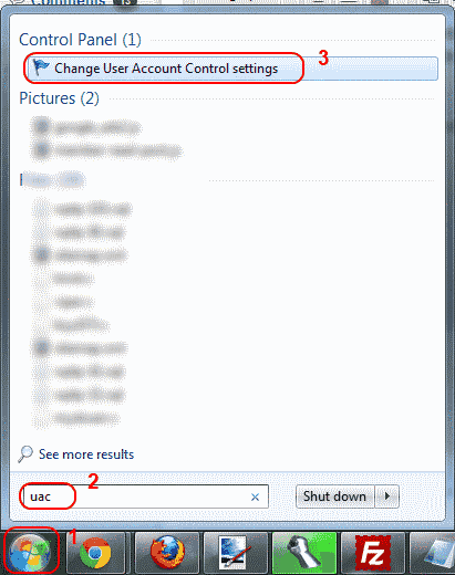 UAC 설정에 액세스하는 Win7