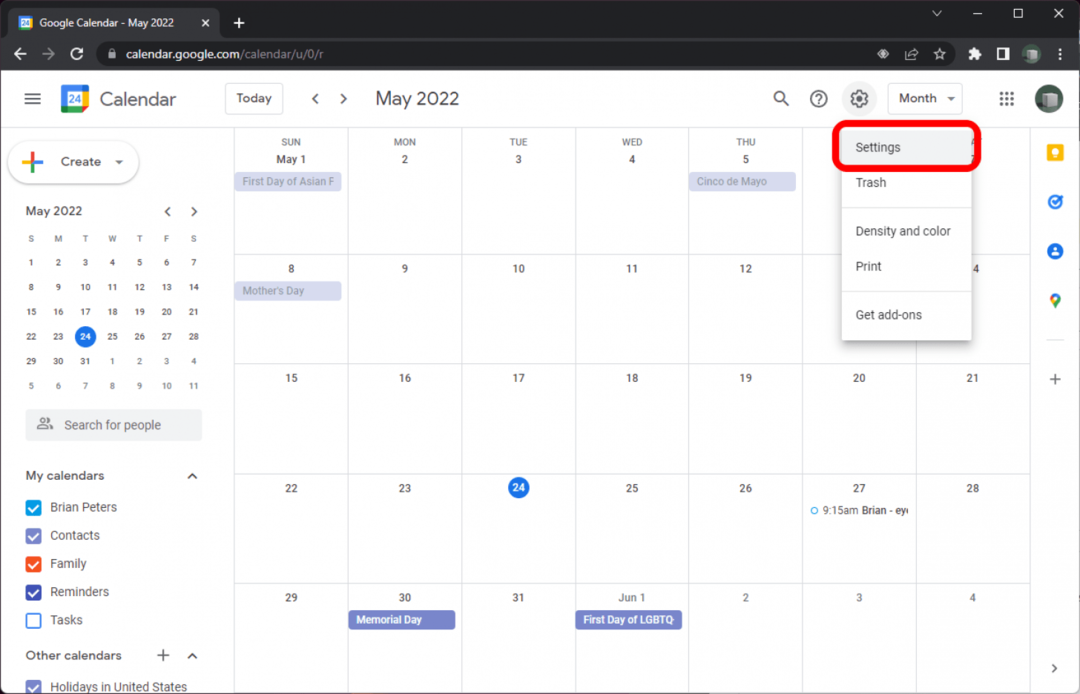 Google Kalender in Chrome mit geöffnetem Zahnradmenü für Einstellungen und markierter Option Einstellungen.