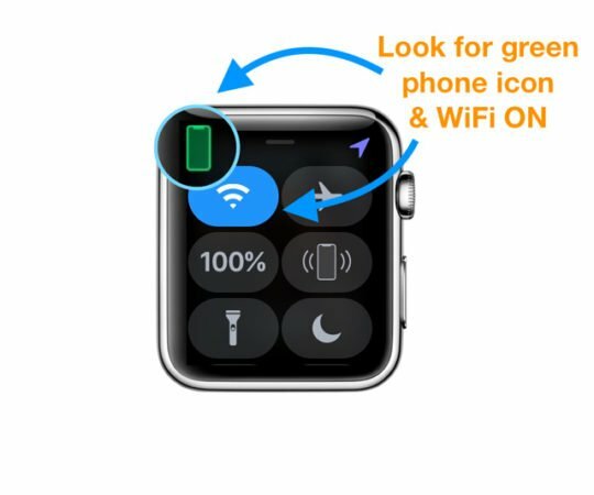 Apple Watch WiFi의 제어 센터가 켜져 있고 전화가 연결됨