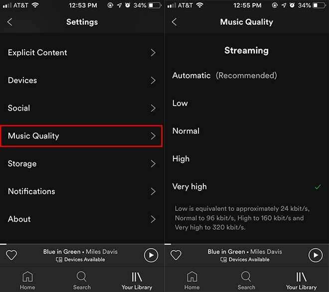 Spotify iOS - संगीत की गुणवत्ता