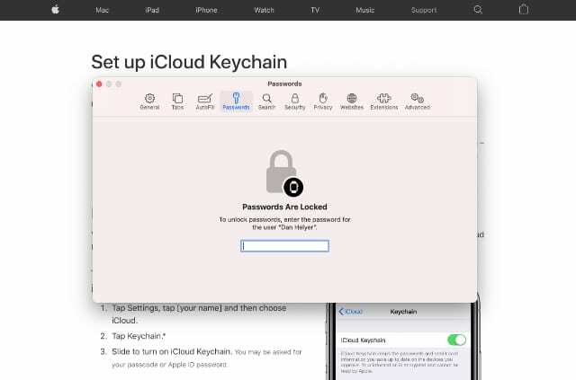 Spletno mesto iCloud Keychain v Safariju z oknom z gesli