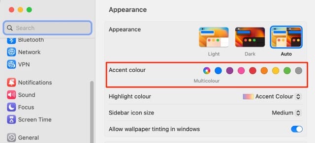 Screenshot, der die Registerkarte „Akzentfarbe“ auf dem Mac zeigt