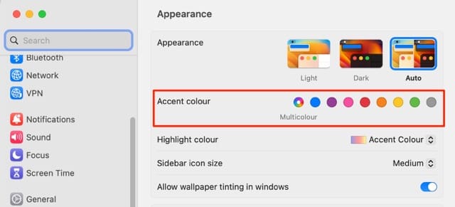 Posnetek zaslona, ​​ki prikazuje zavihek Accent color v sistemu Mac