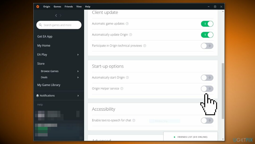 Origin Web Helper Hizmetini devre dışı bırakın