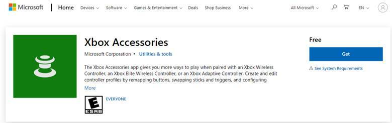 Pantalla de descarga de la aplicación Accesorios Xbox