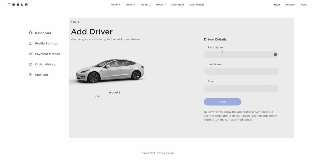 Adicionar motorista ao tipo de aplicativo Tesla em detalhes do motorista