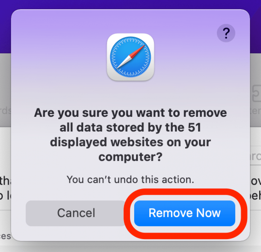 Apple Safari에서 캐시를 지우려면 지금 제거를 클릭하십시오.