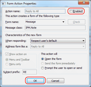 Aplikace Outlook 2010 odpovídá na všechny vlastnosti akce formuláře