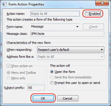 Outlook 2010 antwoord op alle eigenschappen van formulieracties