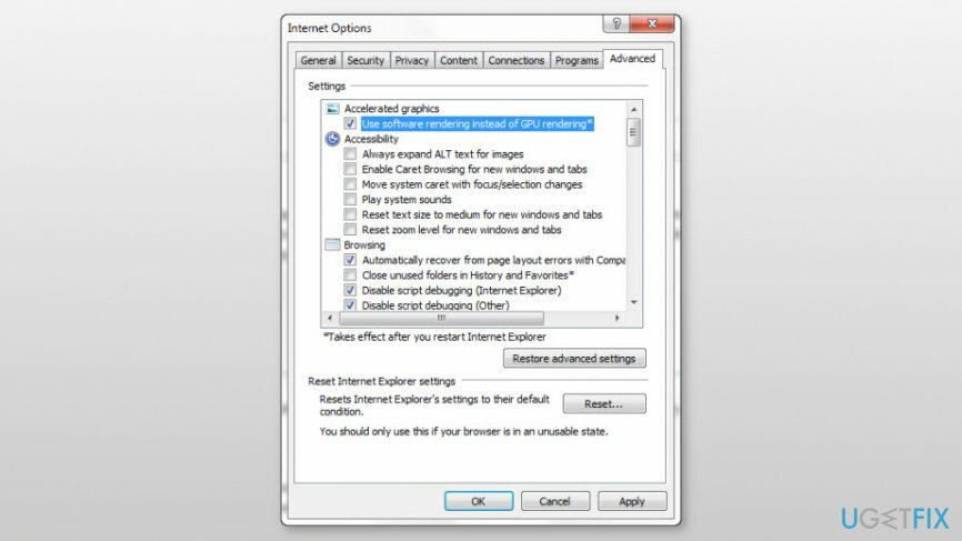 Dezactivați accelerarea hardware pe Internet Explorer
