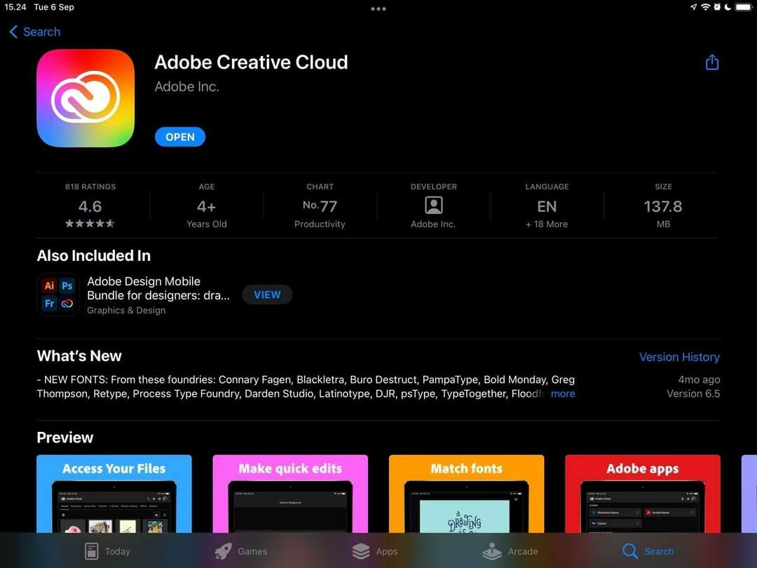 Snímka obrazovky stránky Adobe CC App Store