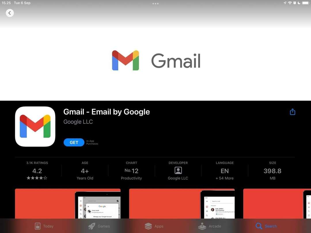 Екранна снимка на приложението Gmail в App Store