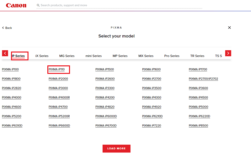 Canon Pixma — Wybierz serię IP, a następnie kliknij PIXMA IP110