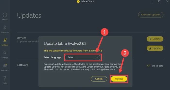 Jabra Direct अपडेट करने के लिए भाषा चुनें