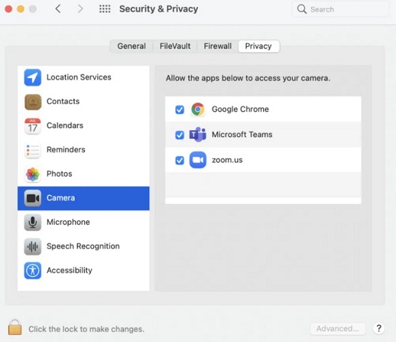 Haga clic en Seguridad y privacidad, luego elija Cámara