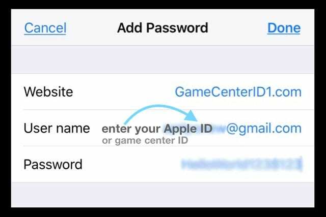 Ідентифікатор Game Center або Apple ID для Game Center в облікових записах і паролях iDevice
