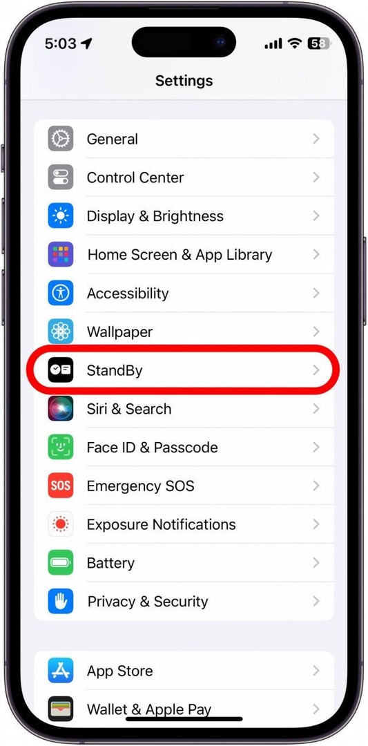 स्टैंडबाय सेटिंग वाले iPhone सेटिंग्स को लाल रंग में दर्शाया गया है