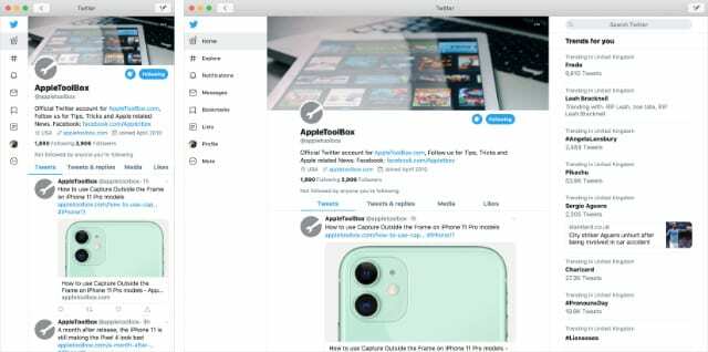 Twitter för Mac i två olika fönsterstorlekar