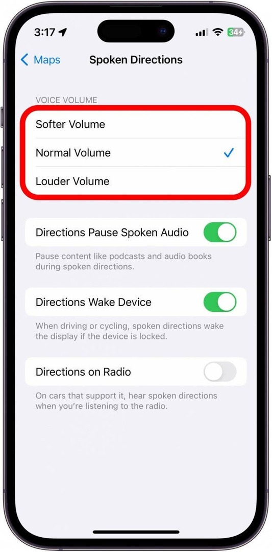 Setări de direcții vorbite Apple Maps cu opțiunile pentru volumul vocii subliniate