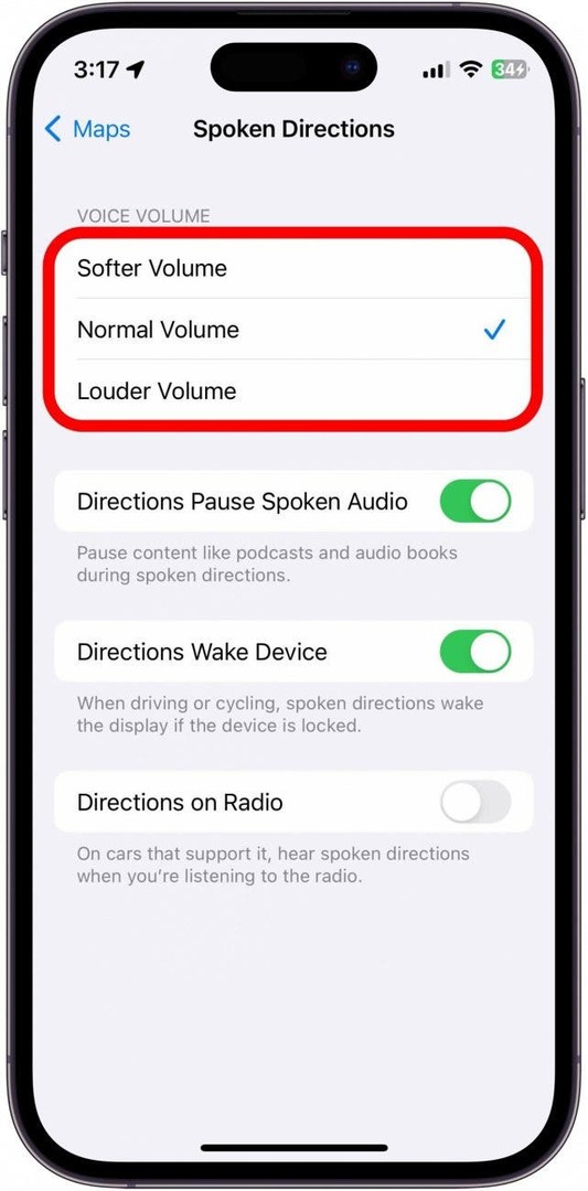 Configurações de instruções de voz do Apple Maps com opções de volume de voz descritas