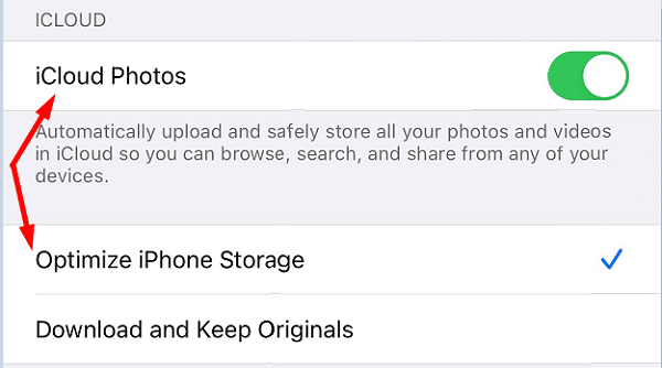 iCloud Photos iphone-ის შენახვის ოპტიმიზაცია