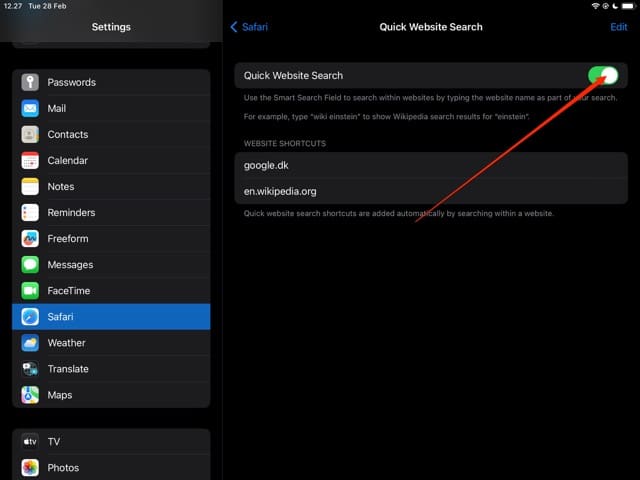 Skjermbilde som viser hvordan du slår av Quick Website Search i Safari 