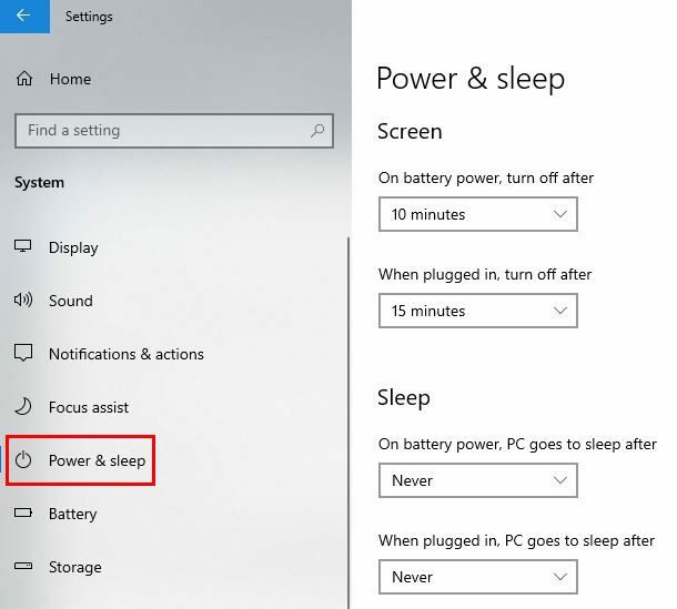 Energia e suspensão Windows 10