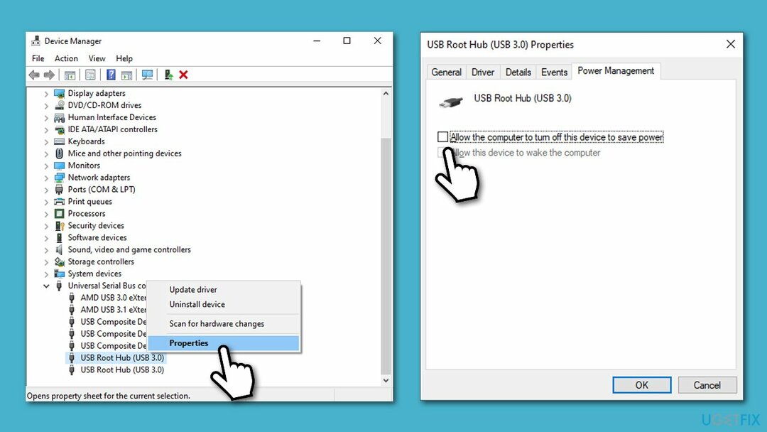 Desative o modo de economia de energia do USB Root através do Gerenciador de Dispositivos