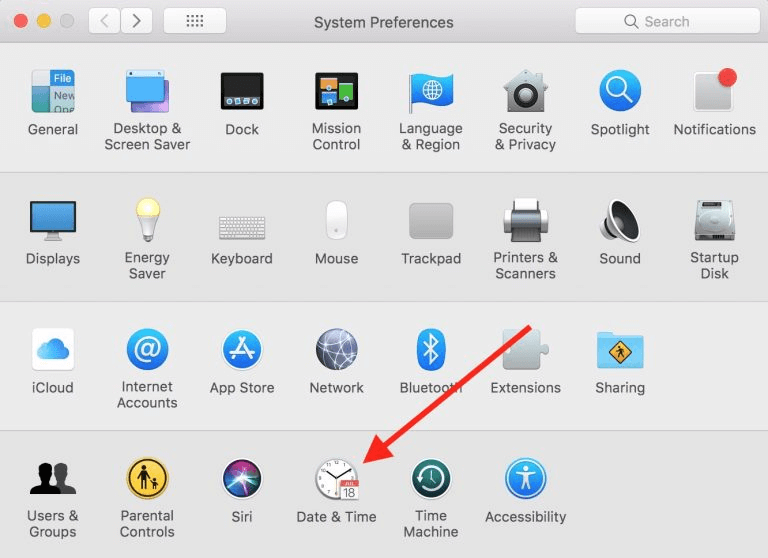 Apple'i menüü System Preferences kuni Kuupäev ja kellaaeg