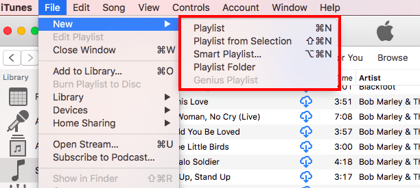 playlist dal menu di iTunes