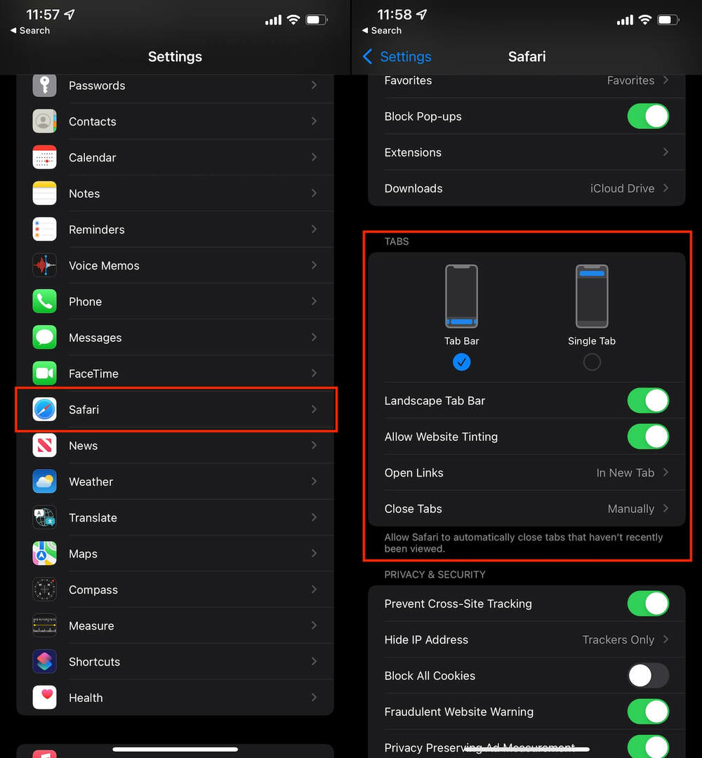 استخدم Safari Tab Bar في iOS 15 Screenshots