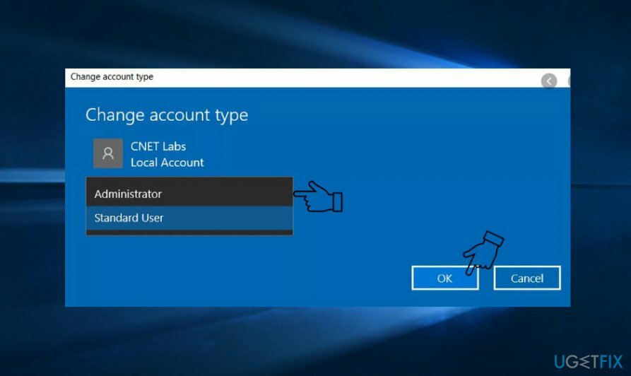 შეცვალეთ ანგარიშის ტიპი ადმინისტრატორზე
