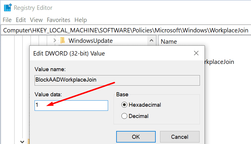 blockAADWorkplacePrisijunkite prie „Windows 10“.