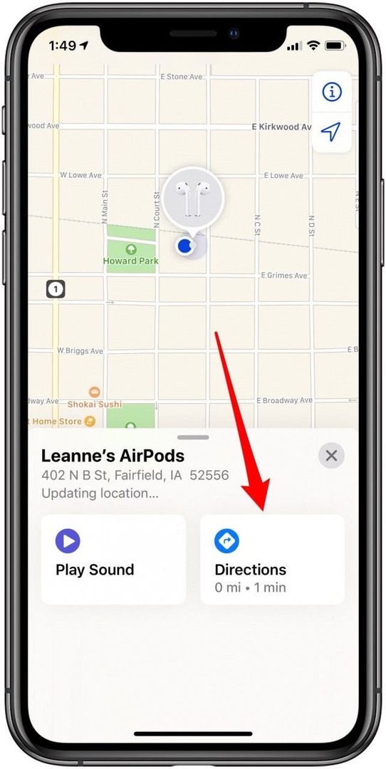 tapnite zemljevid, da dobite navodila do izgubljenih airpods