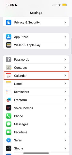 Nastavenia kalendára iOS Snímka obrazovky