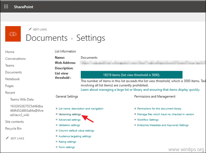 Pengaturan Versi SharePoint 