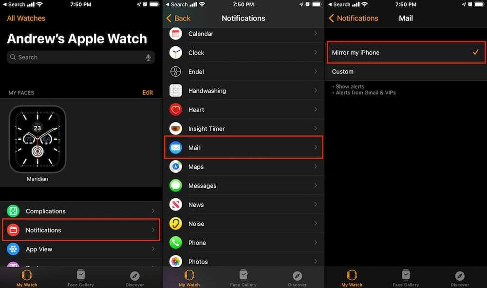 Огледални известия за поща от iPhone към Watch