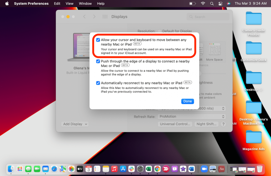 Debifați Permiteți cursorului și tastaturii să se deplaseze între orice Mac sau iPad din apropiere.