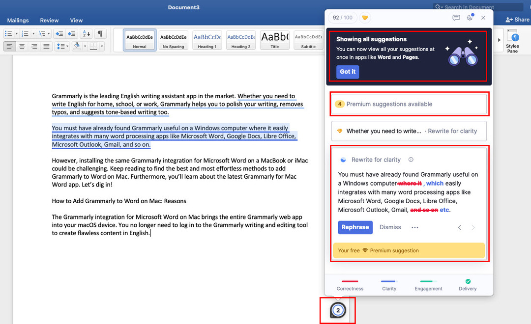 Детальний віджет Grammarly у Word для Mac