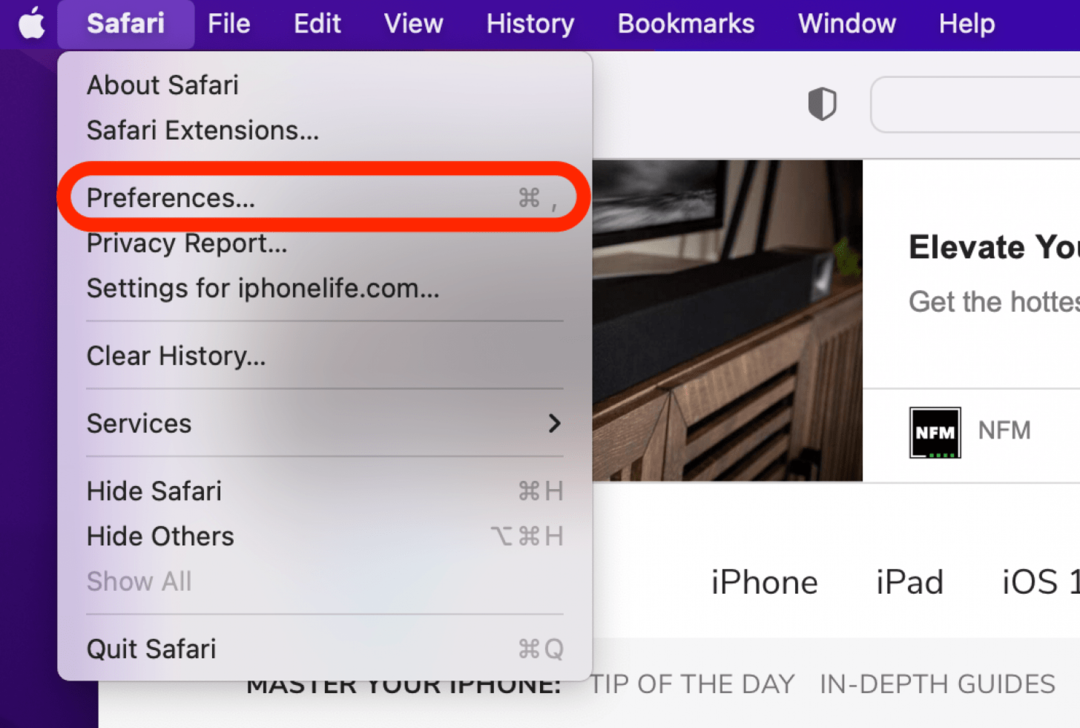kliknite Apple Safari postavke