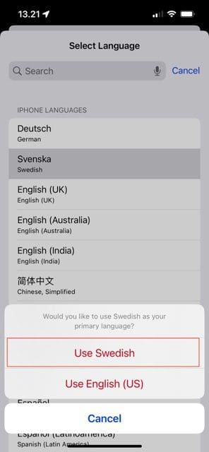 Näyttökaappaus, joka näyttää kielen vaihtamisvaihtoehdon iOS: ssä