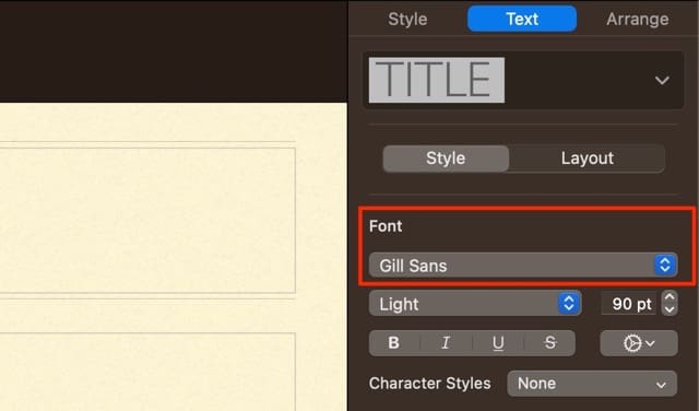 Screenshot Pengaturan Font Keynote