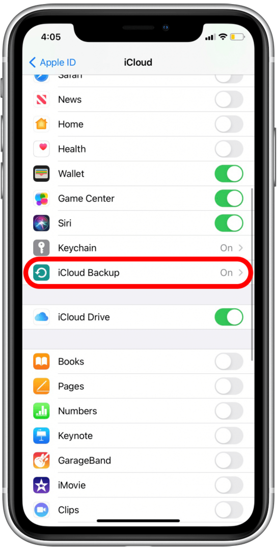 Bakstelėkite „iCloud Backup“.