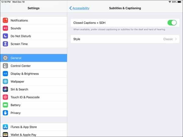 Configuración de subtítulos de iPad