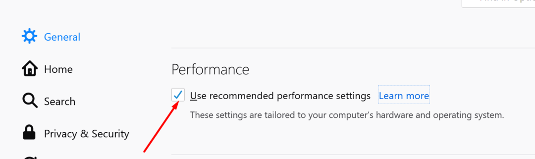 გამორთეთ რეკომენდირებული შესრულების პარამეტრები Firefox