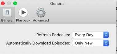 Configurações de download e atualização de episódios de podcasts