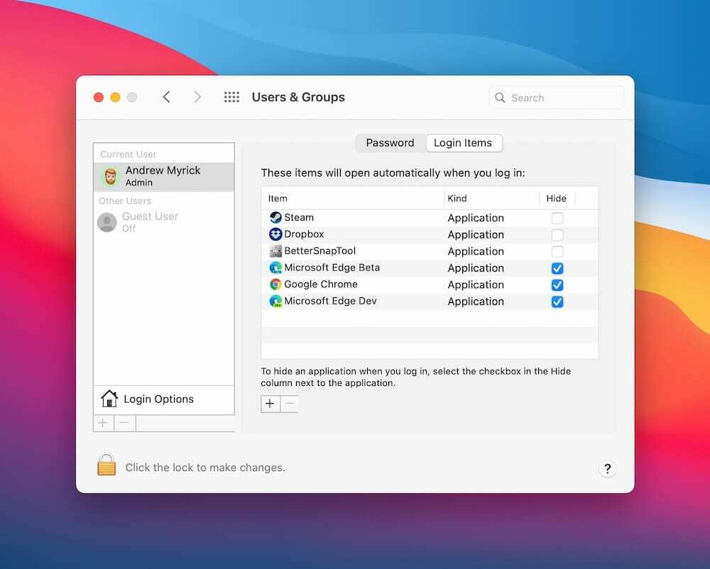 लॉगिन आइटम प्रबंधित करें macOS Big Sur